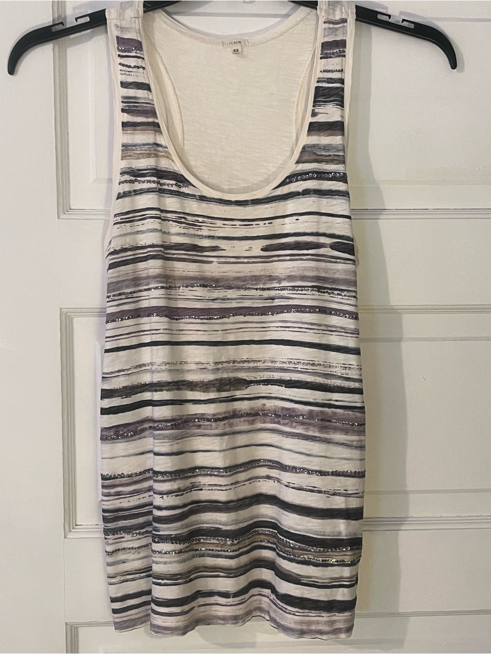 J. Crew 100% Cotton Striped Scoop Neck SequinTank Top - Cream, Purple and Gray